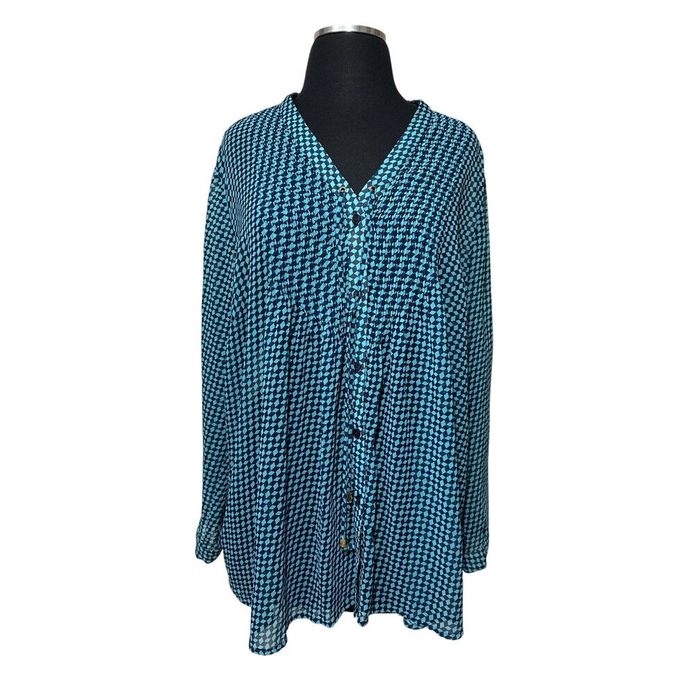 Michael Michael Kors Geometric Print Long Sleeve Button Up Blouse Top Size 1X